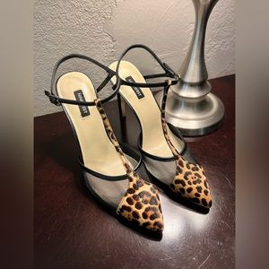 Nine West heels, animal print, fur, leather, strap heels size 9.5